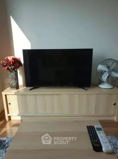 Modern living room with TV, wooden furniture, and decorative elements.