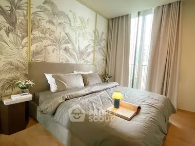 Luxurious bedroom with elegant decor and natural light, featuring a cozy bed and stylish wallpaper.