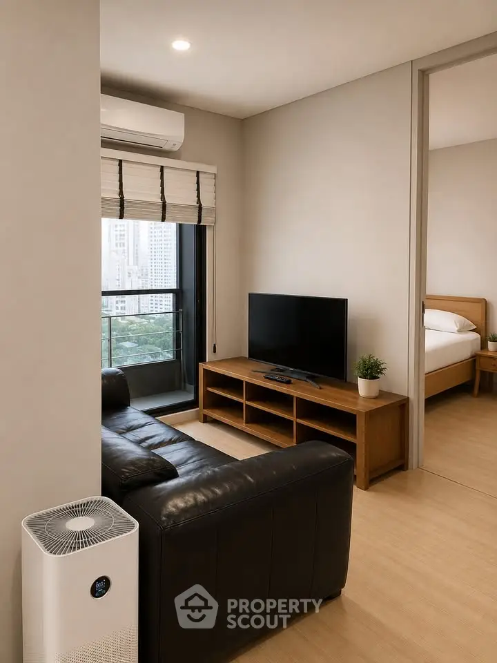Modern living room with sleek furniture and city view, adjacent to cozy bedroom.