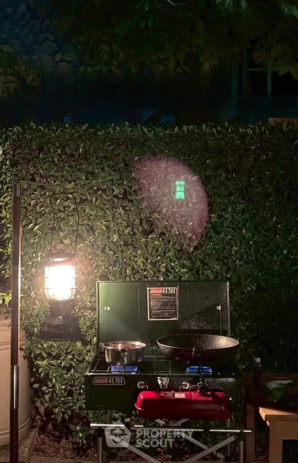 Charming outdoor cooking setup with lush greenery backdrop, perfect for alfresco dining and entertaining.
