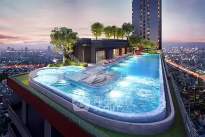 Luxurious rooftop infinity pool with stunning city skyline views at sunset.