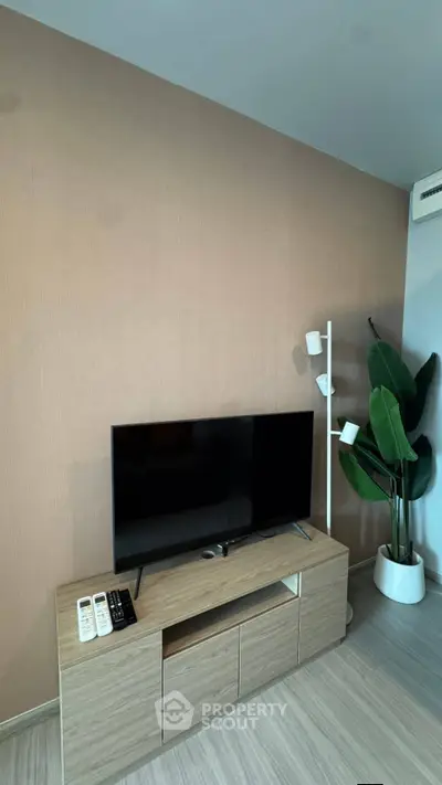 Modern living room with sleek TV stand and stylish decor