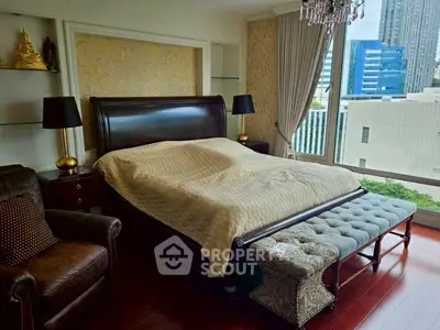 Luxurious bedroom with elegant decor and city view