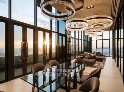 Luxurious penthouse with panoramic city views and elegant modern chandeliers