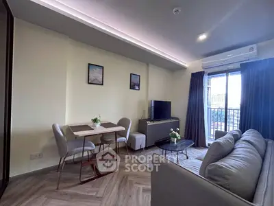 Modern living room with stylish decor and city view balcony