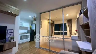 Modern living room with glass partition and city view, featuring stylish wooden flooring and contemporary decor.