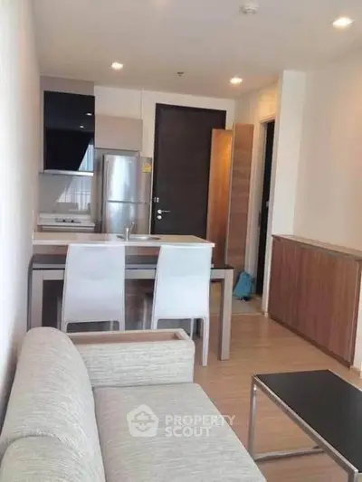 Modern apartment interior with open kitchen and cozy living area