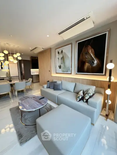 Luxurious modern living room with elegant decor and horse artwork