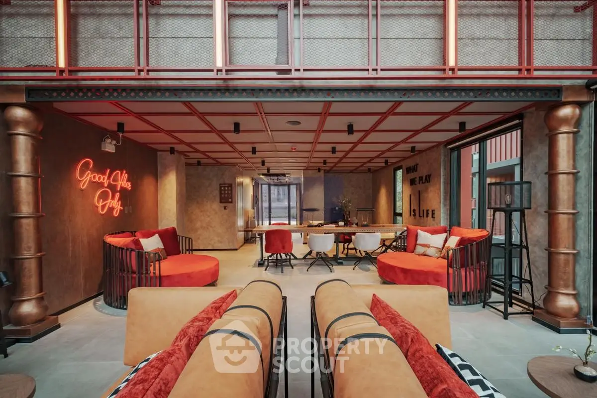 Luxurious modern living room with vibrant decor and stylish furniture, perfect for entertaining guests.