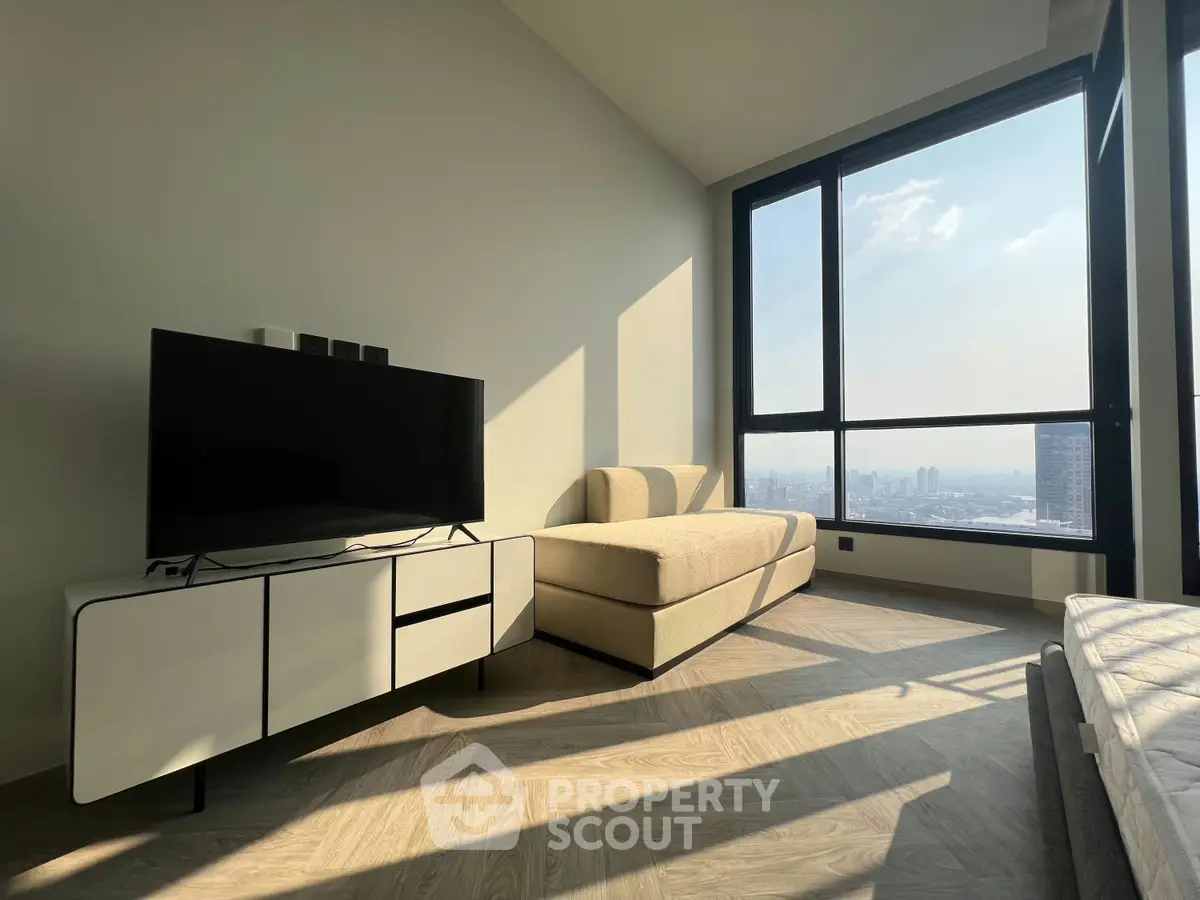 Modern living room with panoramic city view and stylish furniture