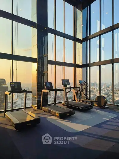 Luxurious high-rise gym with panoramic city views and modern equipment.