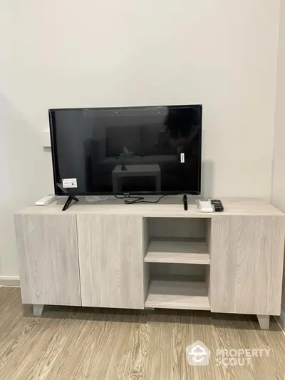 Modern living room with sleek TV stand and flat-screen television