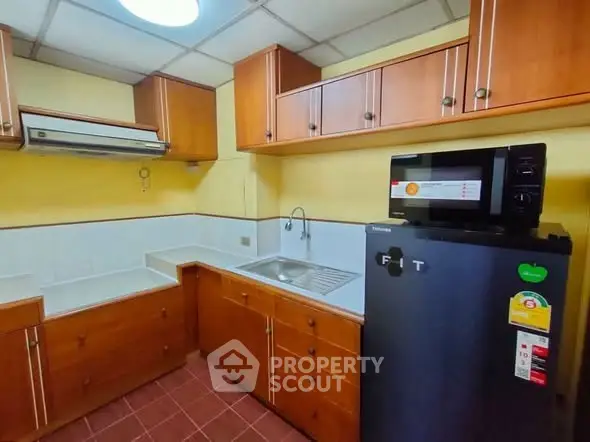 Charming kitchen with wooden cabinets and modern appliances in cozy apartment.