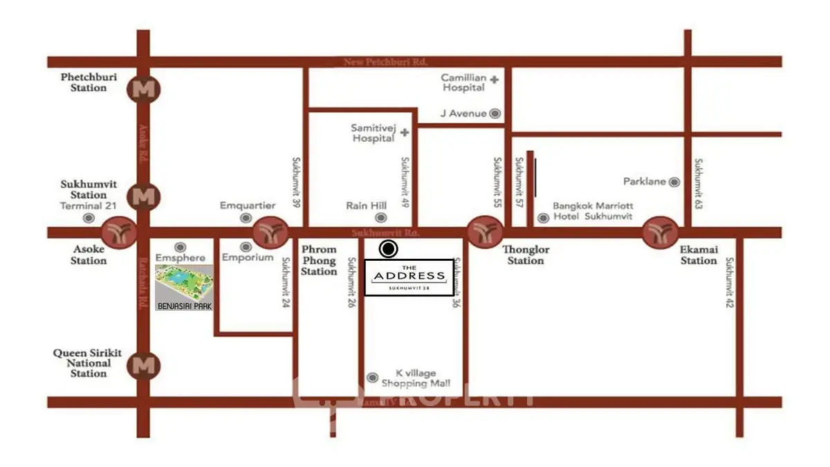 Map showing The Address Sukhumvit 61 location near major Bangkok landmarks and transit stations.
