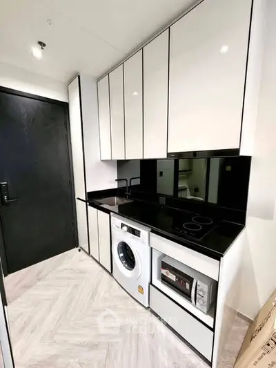 Modern kitchen with sleek cabinets, washing machine, and built-in appliances in a compact layout.