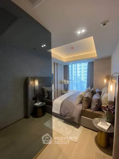Luxurious modern bedroom with elegant decor and large window view