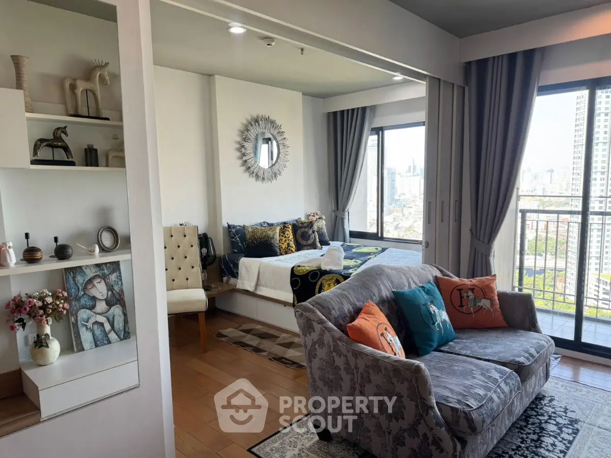 Stylish living room with city view and cozy decor