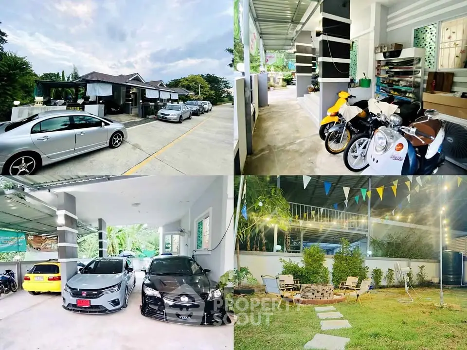 Charming property with spacious parking, lush garden, and cozy outdoor seating area.