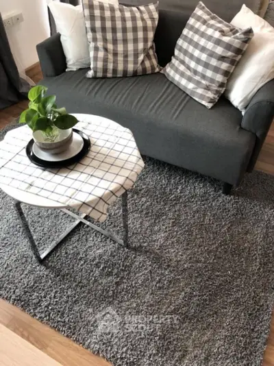 Cozy living room with gray sofa, checkered pillows, and a stylish coffee table on a plush rug.