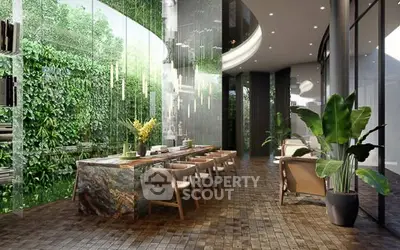 Luxurious modern living room with floor-to-ceiling windows and lush green wall