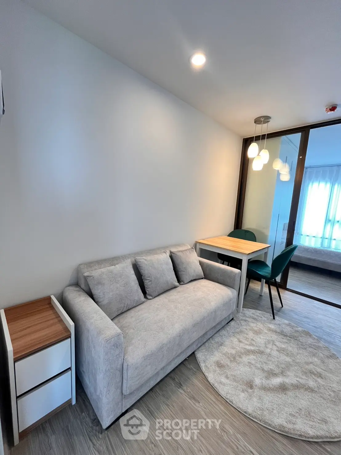 Modern living room with cozy sofa and dining area in stylish apartment