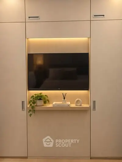 Modern living room with built-in TV and ambient lighting