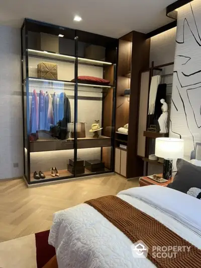 Luxurious bedroom with elegant walk-in closet and modern decor