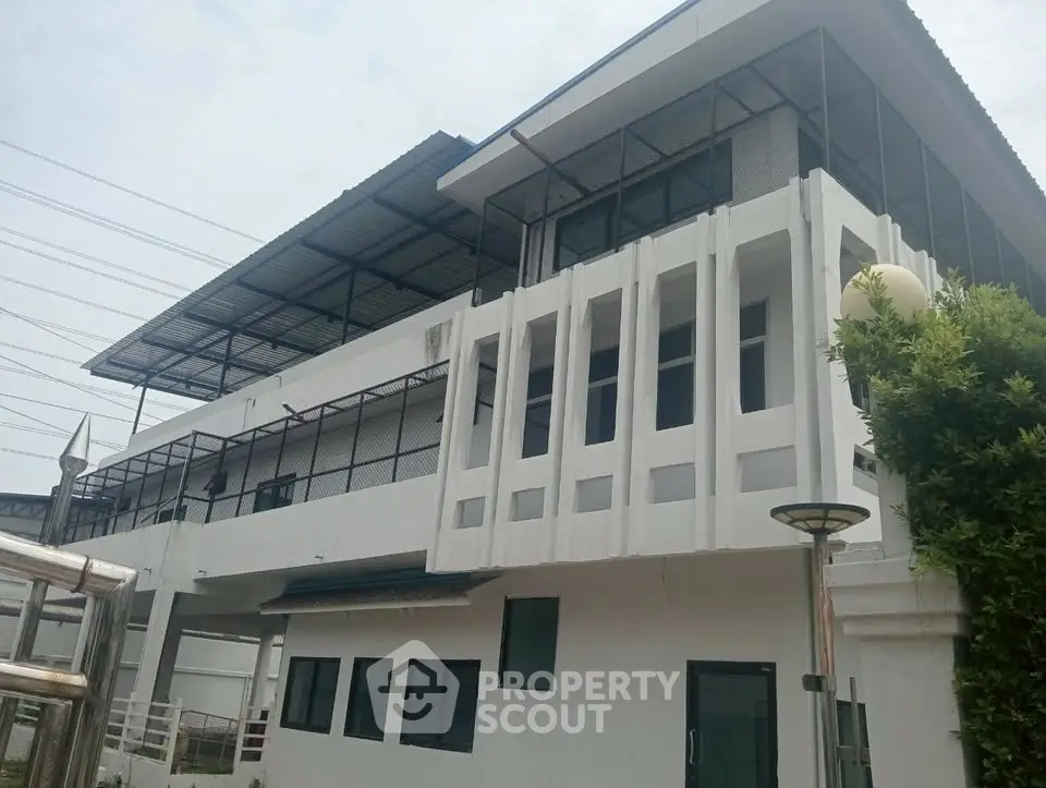 Modern industrial-style building with unique architectural design and spacious exterior, perfect for commercial use.