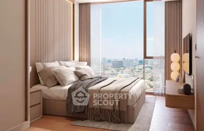 Luxurious bedroom with stunning city view and modern decor