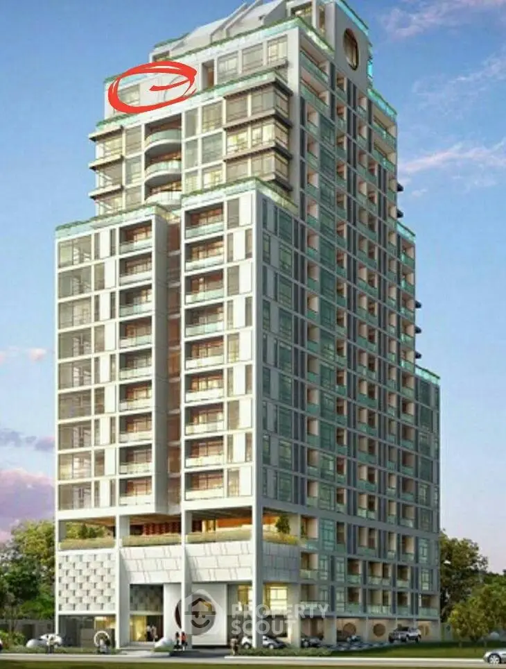 Stunning modern high-rise building with glass facade and elegant architectural design.