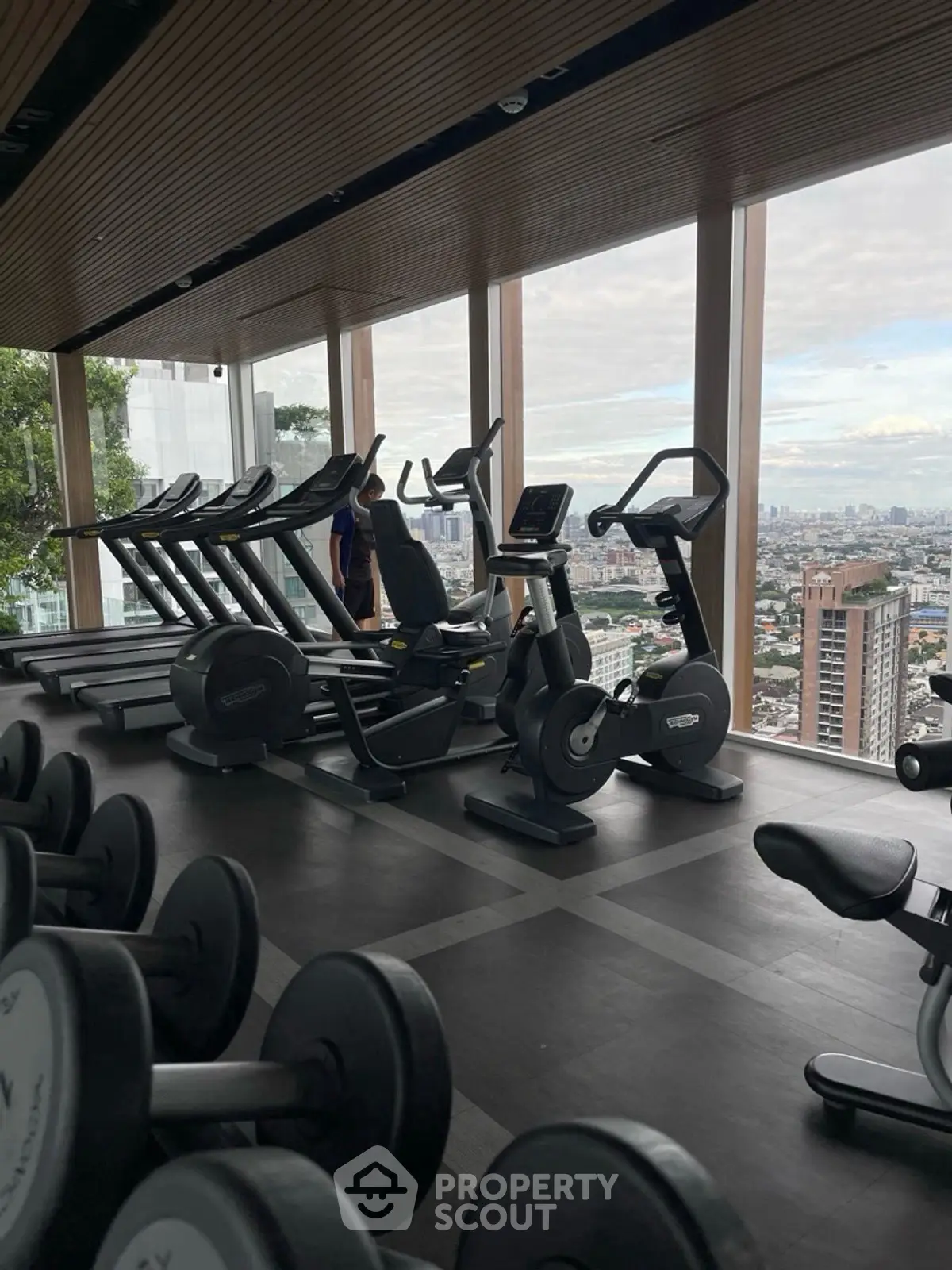 Luxurious high-rise gym with panoramic city views and modern fitness equipment.