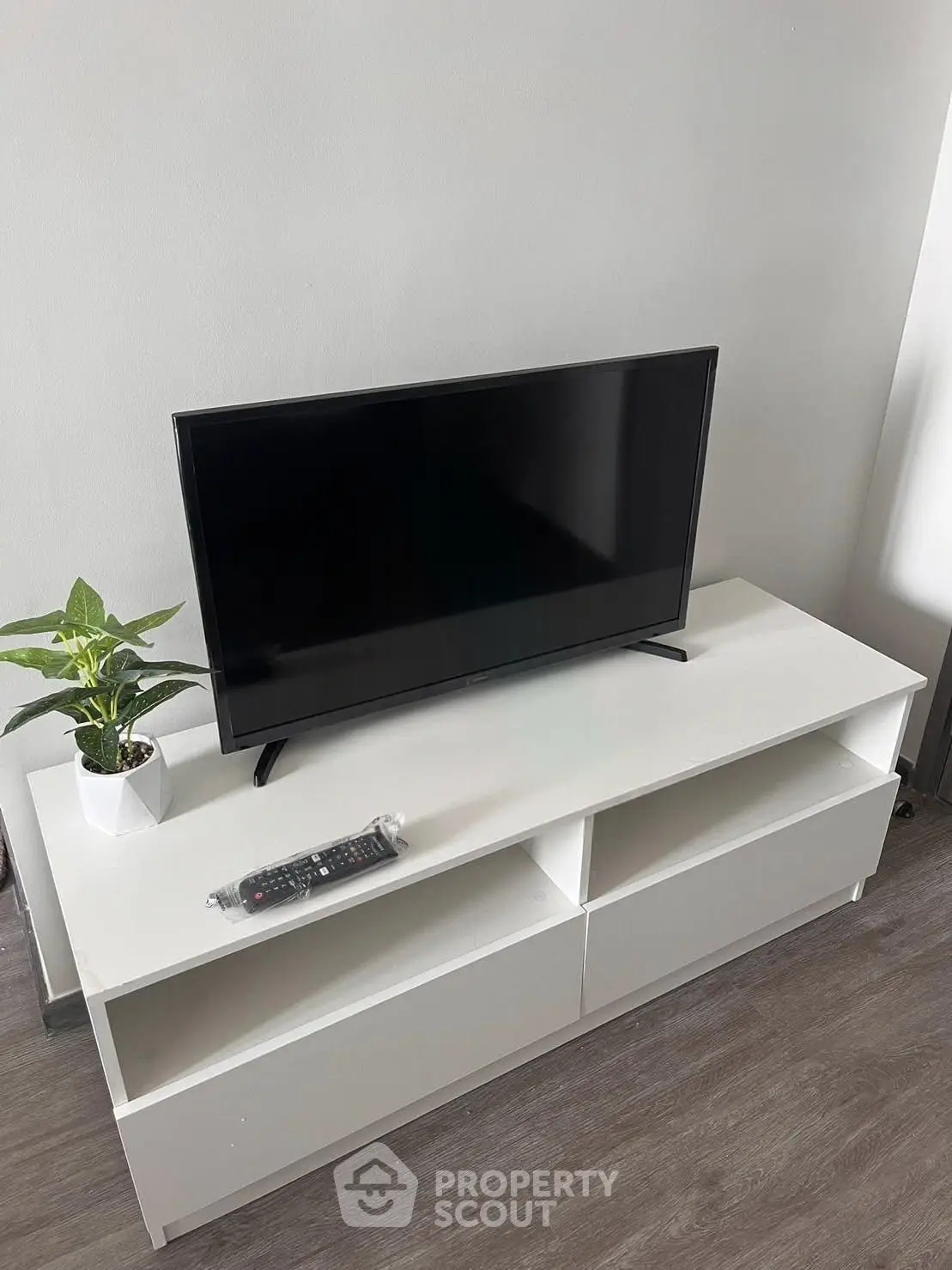 Modern living room setup with sleek TV stand and flat-screen TV, perfect for contemporary homes.