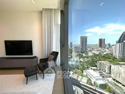 Luxurious living room with stunning city view through large window, modern decor and cozy seating.