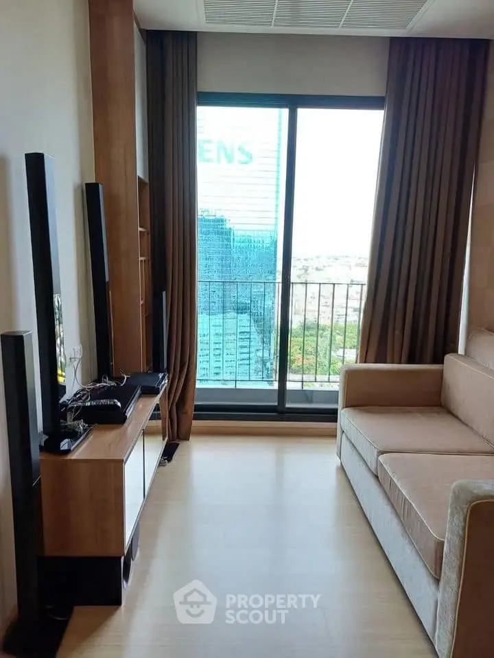 Modern living room with floor-to-ceiling window and city view, featuring sleek furniture and wooden accents.