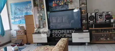 Cozy living room with modern TV setup and decorative elements