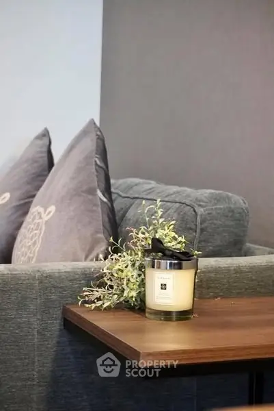 Stylish modern living room with cozy gray sofa and elegant decor