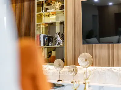 Luxurious living room with modern decor and stylish shelving