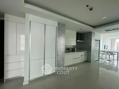 Modern kitchen with sleek white cabinetry and open layout in a contemporary apartment.