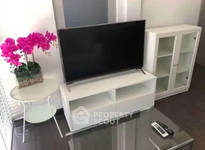 Modern living room with sleek TV stand and vibrant orchid decor