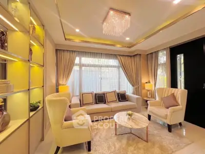 Luxurious living room with elegant chandelier and plush seating in modern home