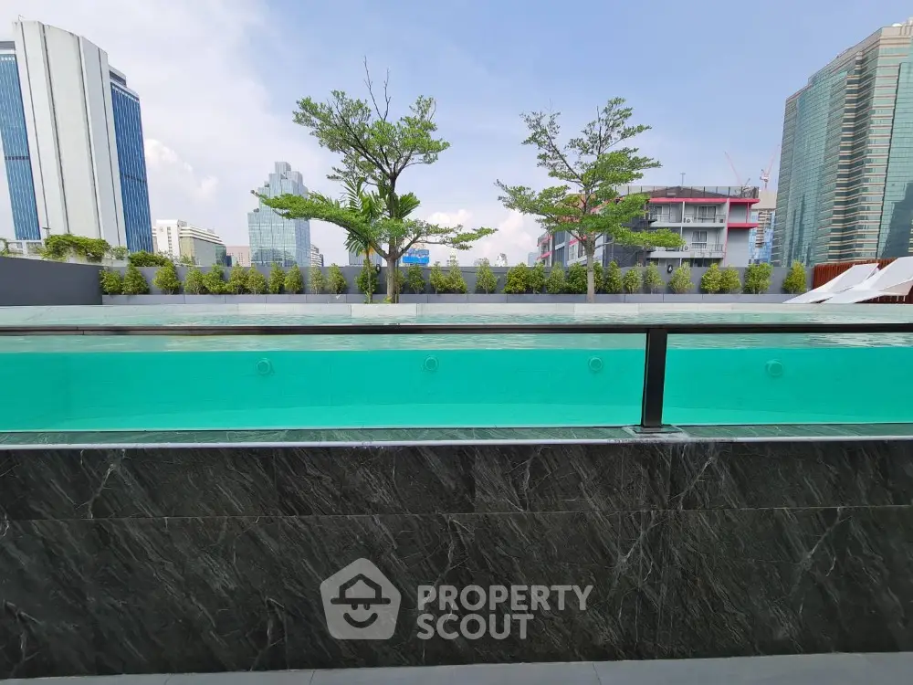 Luxurious rooftop pool with stunning cityscape views in modern urban setting.