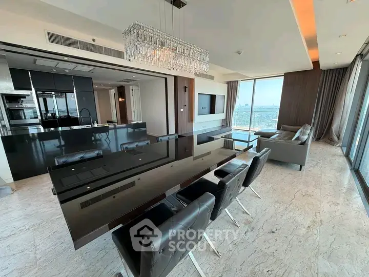 Luxurious open-plan living room with modern kitchen and stunning city view