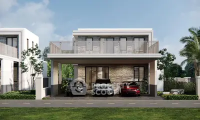 Modern two-story house with three-car garage and lush landscaping