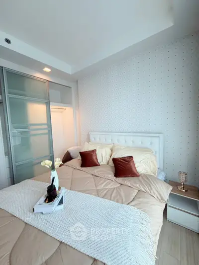 Cozy modern bedroom with stylish decor and soft lighting