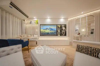 Luxurious modern living room with elegant decor and ambient lighting
