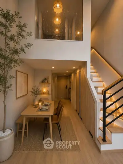 Modern dining area with stylish staircase and warm lighting in a cozy home interior.