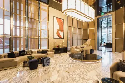 Luxurious modern living room with high ceilings and elegant decor