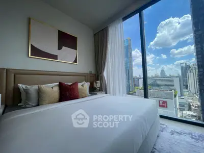 Luxurious bedroom with stunning city view and modern decor