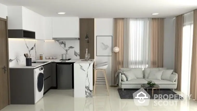 Chic modern studio apartment with integrated living space, featuring sleek kitchen appliances, cozy sitting area, and tasteful decor.