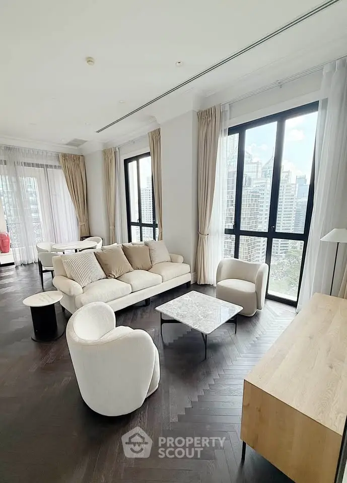 Luxurious living room with stunning city view, elegant furniture, and natural light in a high-rise apartment.